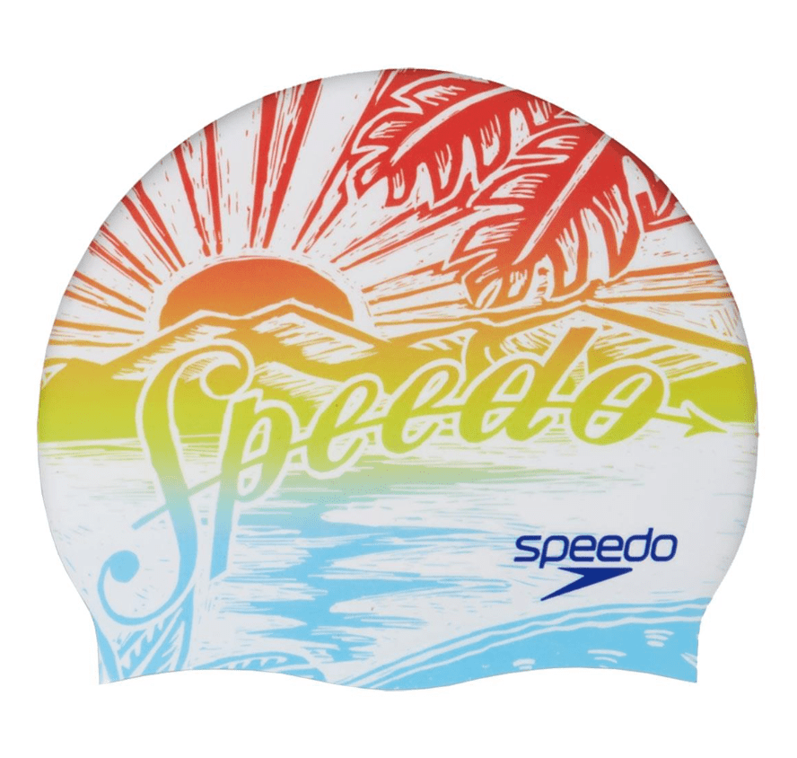 Speedo Printed Silicone Swim Cap - Volcanic Orange/Blue - East Valley Sports Swim CapSwim Cap